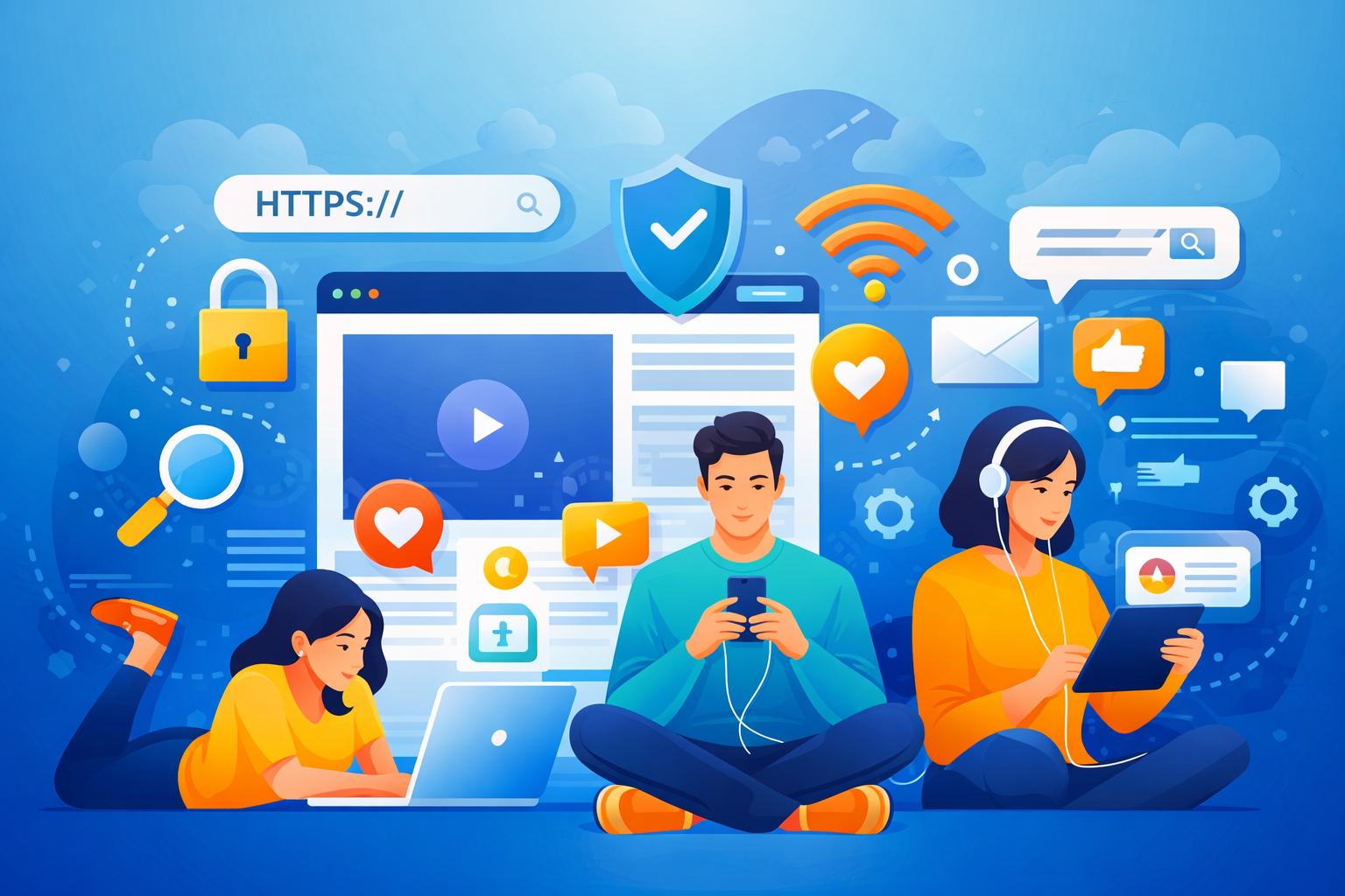 Ilustrasi perkembangan internet modern dan kebiasaan digital pengguna